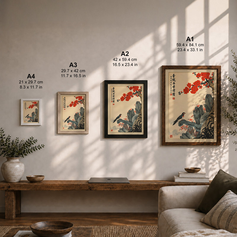 Bird Among Crimson Blossoms Japandi - Framed Print, Unframed, A2 - 59.4 x 42.0 cm