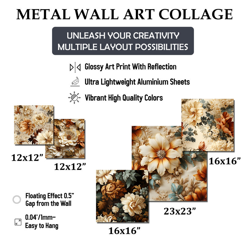 Rustic Brocade Elegance Brown Metal Floral Wall Decor Set of 5