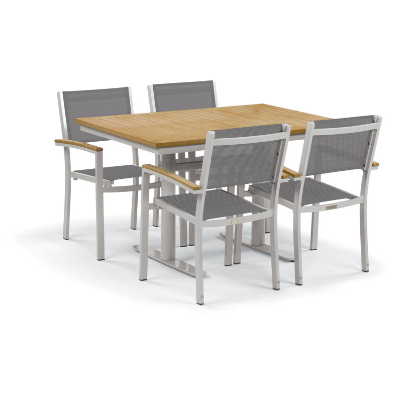 Travira Stacking Patio Arm Chair, Titanium Basketweave, Tekwood Natural, Flint