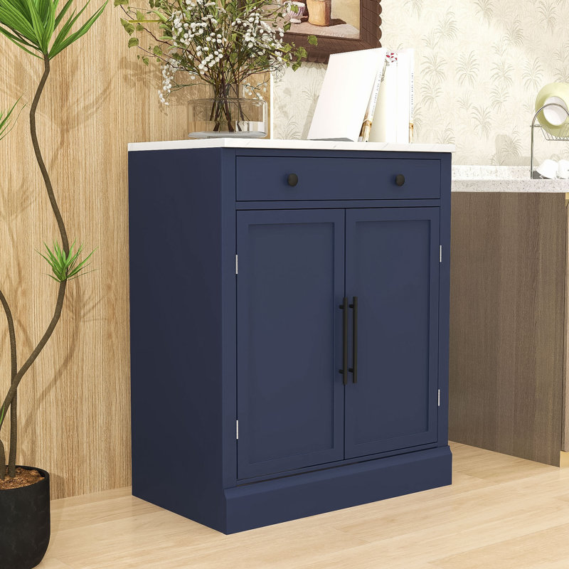 Kitchen Pantry with Faux Marble Top, Adjustable Shelves, Pull-out Drawer and Cabient, Blue