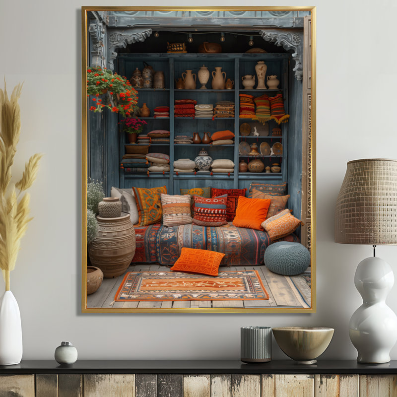 Orange bleu bohémien bazar Boho - art mural du Maroc, salon, H 32 po x l 24 po x P 1 po, Cadre flottant doré