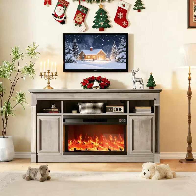 Meuble télé avec chauffeur 36 po et 4 flammes Farmhouse, H 33,4 po x L 15,7 po x l 57,87 po, Gris
