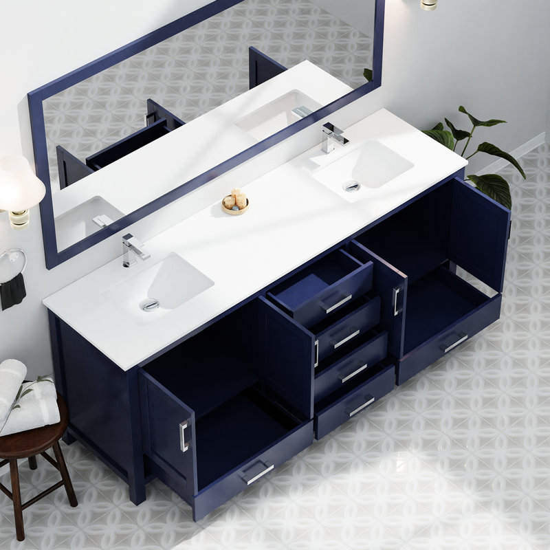 Bleu marine 80 po Meuble-lavabo double avec surface en quartz blanc - bois massif, fermeture en douceur, 6 tiroirs, 2 armoires et charnières à fermeture en haut
