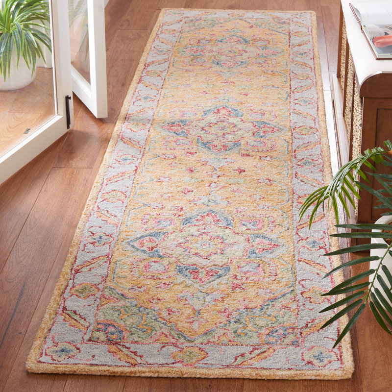 Tapis oriental jaune / rouille en laine / coton / latex touffeté à la main Eldiona, Tapis de couloir 2 pi 3 po x 9 pi