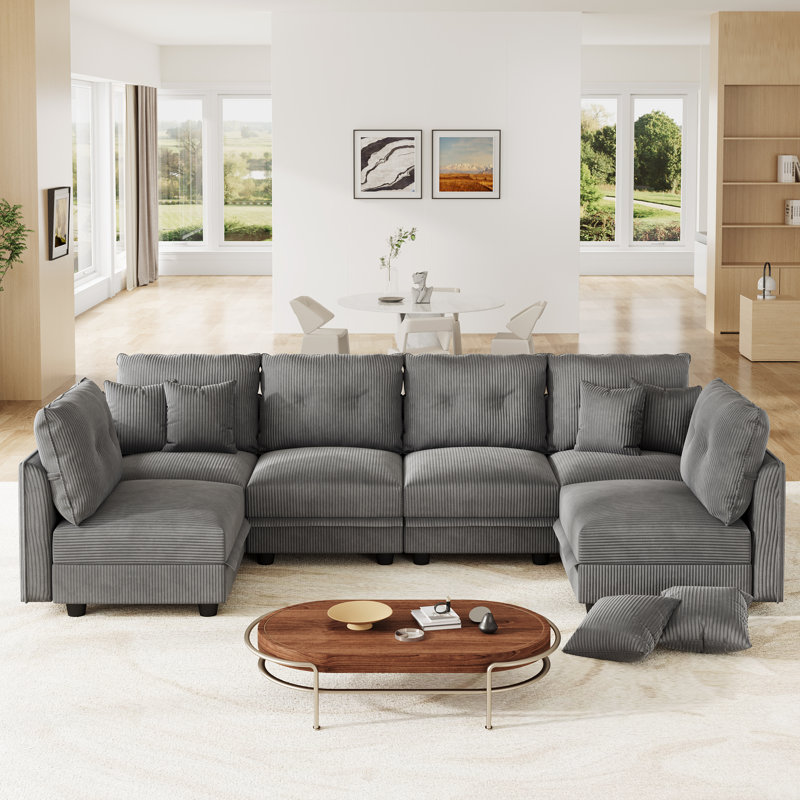 6 Seat Corduroy Convertible Modular Sectional Sofa With Storage, 4 Back Cushion 6 Throw Pillow, Gray Corduroy
