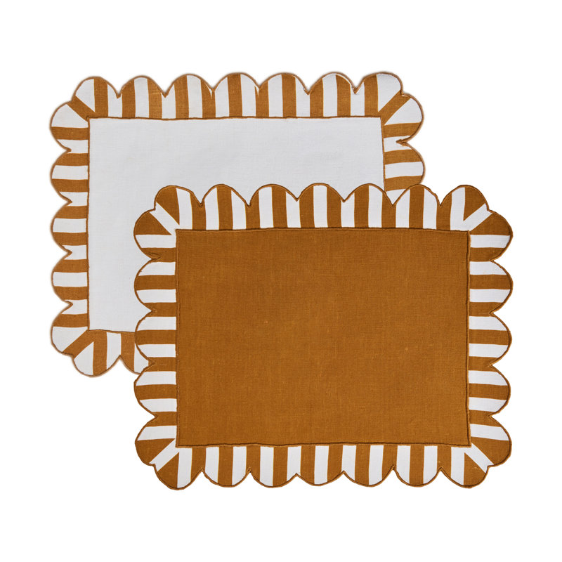Embroidered Linen Scalloped Stripe Double-Sided Placemats, Orange
