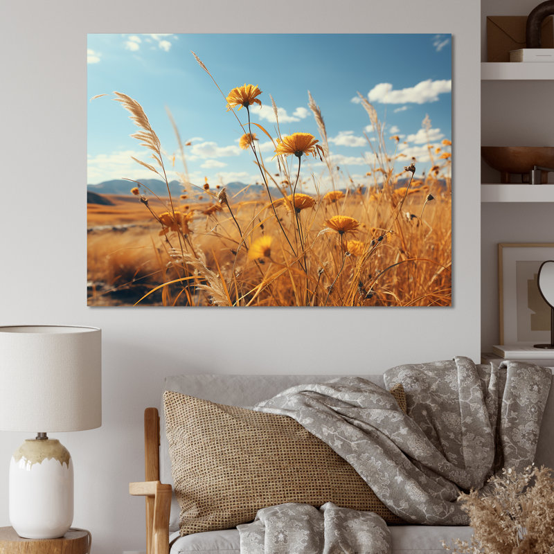 Coucher de soleil, fleurs d'été, prés, White Picture Framed, 34" H x 44" W