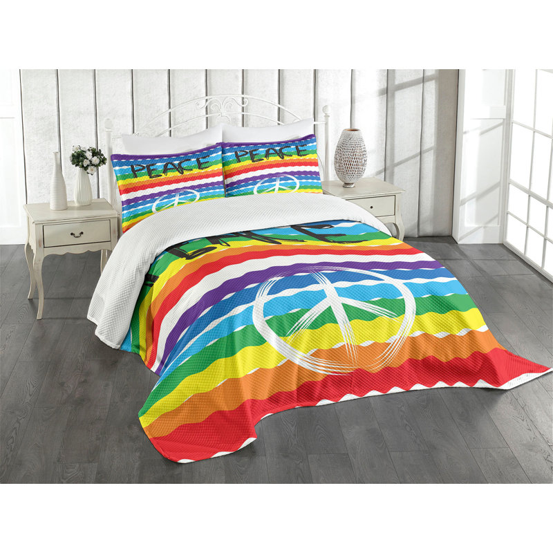 Ambesonne Retro Bedspread Set Stripes Peace Lettering Multicolor, King Coverlet / Bedspread + 2 Standard Shams