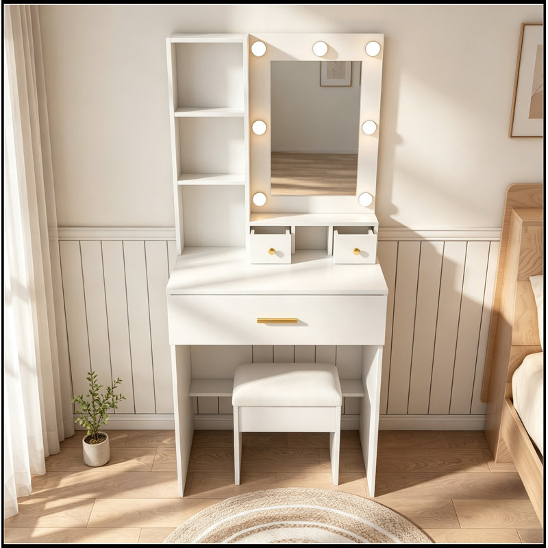 Table de coiffeuse avec miroir, lumières DEL réglables, prise de courant, support pour sèche-cheveux et tabouret, Blanc