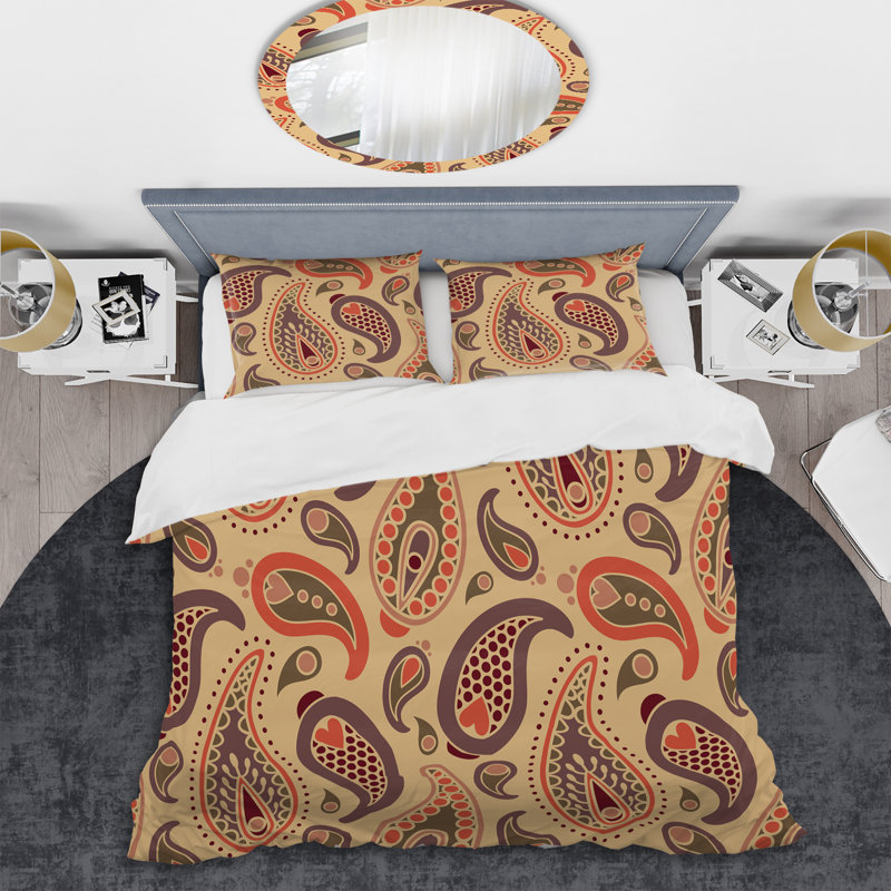 Brown Floral Paisley - Patterned Duvet Cover Set, King Duvet Cover + 2 King Shams