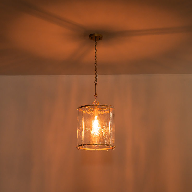1-Light Handcrafted Textured Water-Glass Cylinder Pendant, Gold