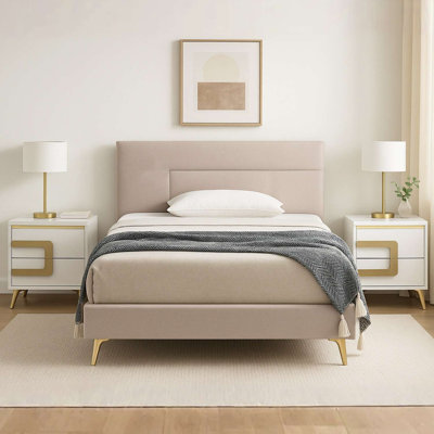 3-Piece Bedroom Set – Upholstered Twin Verona Bed with 2 Claire Nightstands in White and Gold Accents for Modern Bedrooms