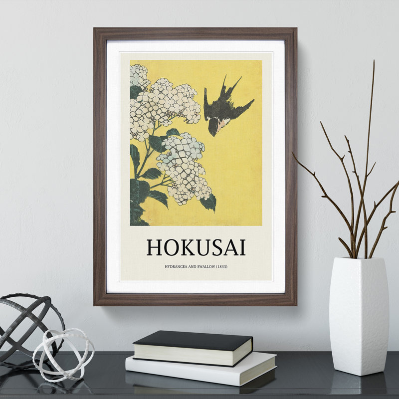 Hydrangeas and Swallow by Katsushika Hokusai - Picture Frame Painting, Walnut Framed, 65cm H x 48cm W x 2cm D