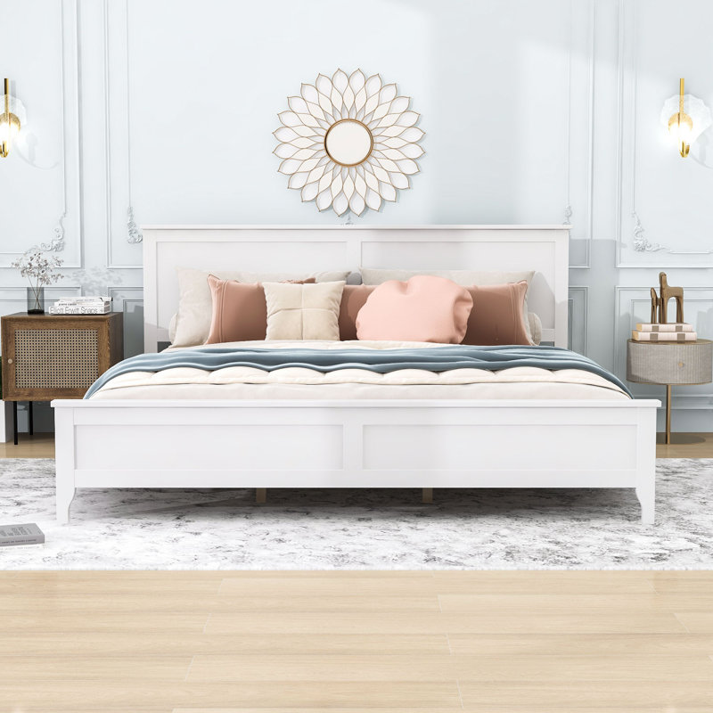 Zachai Wood Platform Bed Frame with Headboard, King, White