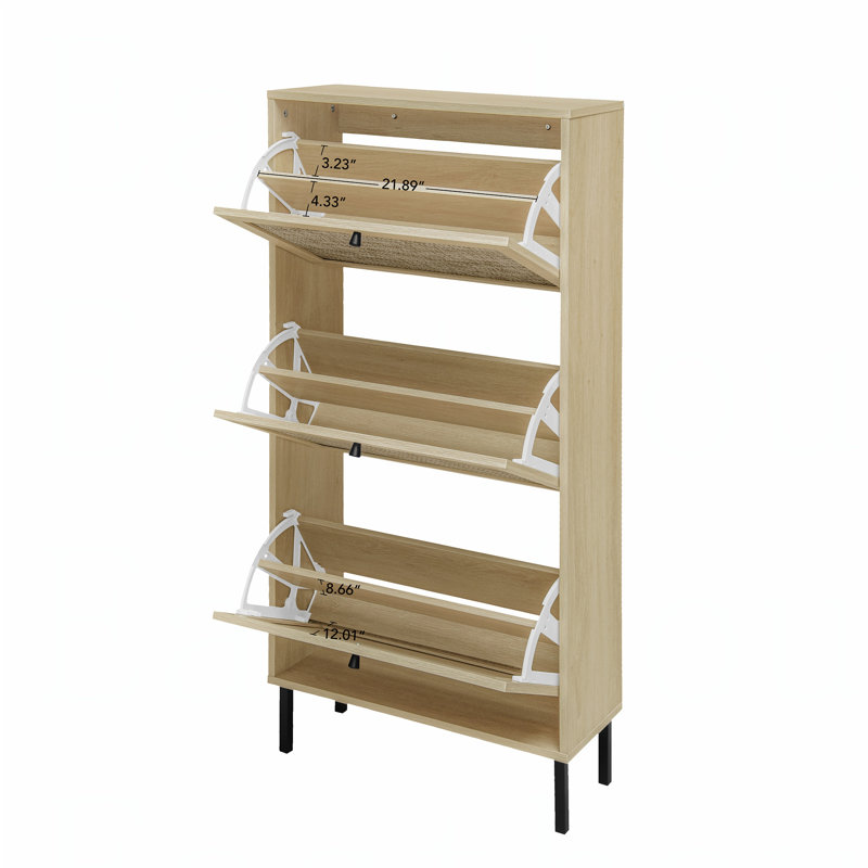 Rattan 3 Door Shoe Rack, Freestanding Modern Shoe Storage Cabinet, For Entryway, Natural
