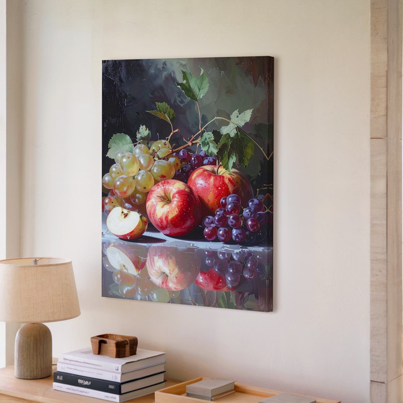 Art mural sur toile, fruits dramatiques, nature morte, pommes rouges, raisins et reflets brillants, prêt à accrocher