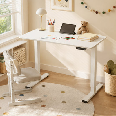 Electric Height-Adjustable Kids Desk, White Frame, Sturdy Steel, for Bedroom Study