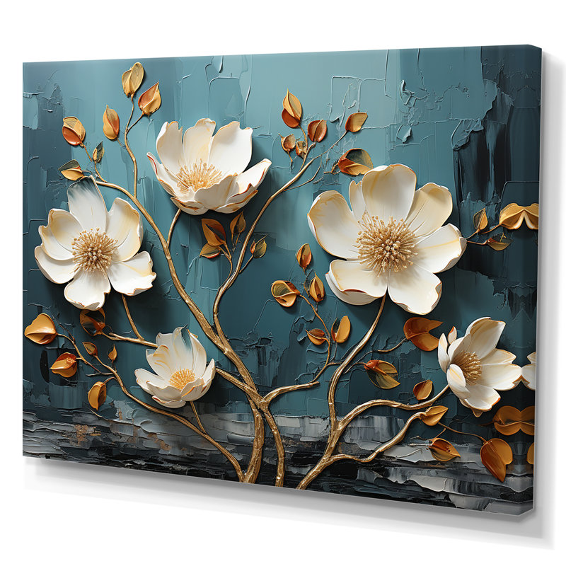 Ambiance de coquelicots blancs et bleus - art mural floral abstrait, Toile tendue, H 30 po x l 40 po x P 1,5 po