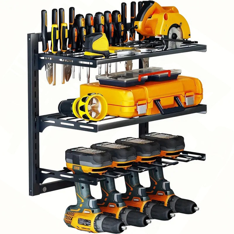 Support mural robuste en métal pour organisateur d'outils électriques, support de rangement de garage réglable à 3 niveaux, tablette d'atelier durable pour perceuses, tournevis, pinces
