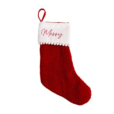 Season's Designs Christmas 18in Red Knit MERRY Sentiment Stocking Pom Pom Cuff