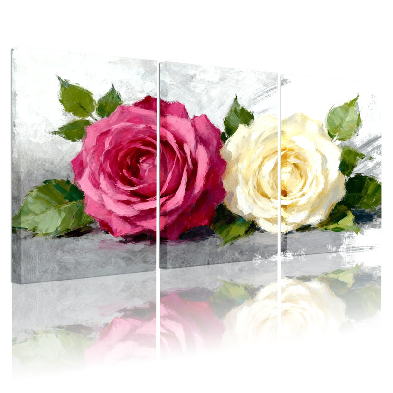 Rose, rose, rose, blanc, rose, feuilles vertes, réflexion, ensemble de 3 impressions sur toile, H 18 po x l 36 po