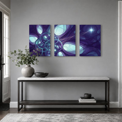 Deep Purple And Teal Abstract Swirls With Set Of 3 Canvas Wall Art