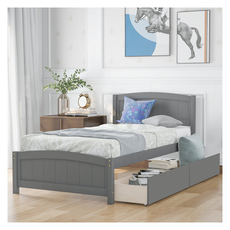 Lit plateforme simple en bois massif avec 2 tiroirs de rangement - gris, aucun sommier requis, mobilier de chambre moderne