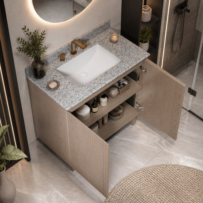 36" Freestanding Bathroom Vanity Natural Granite Countertop Ceramic Basin Woodgrain Cabinet 3 Pre drilled Faucet Holes