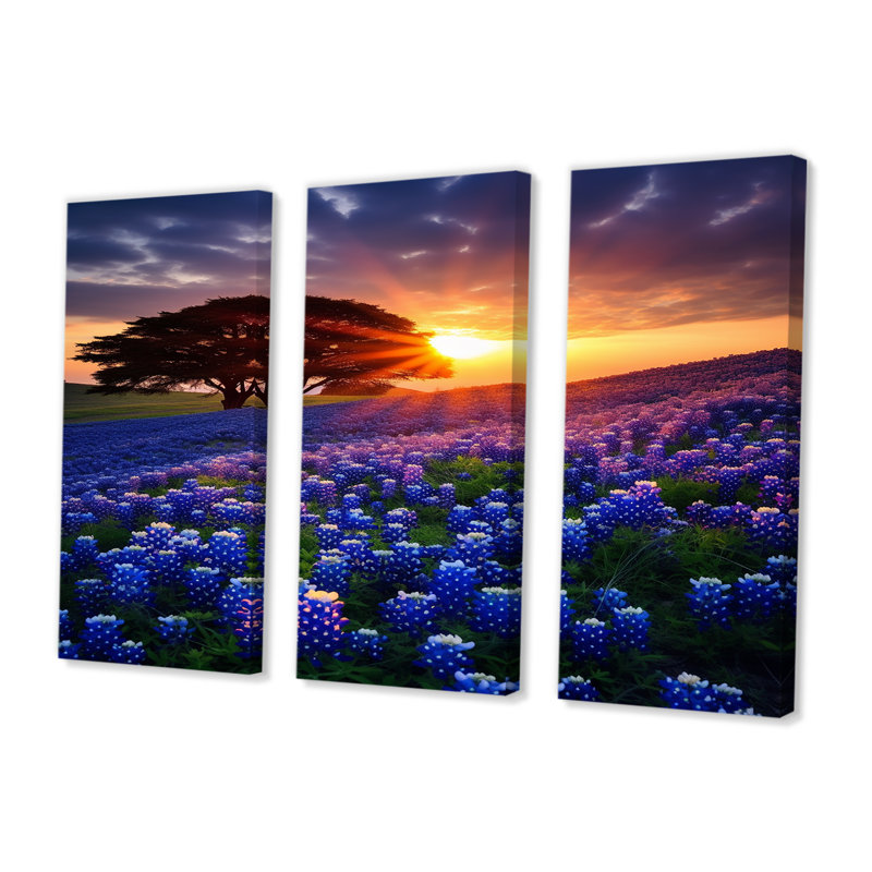 «Single Tree Blossoming Flower Field Sunset - Blue Bonnets», ensemble de reproduction d'art mural, Toile tendue