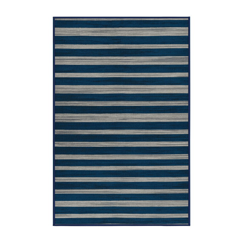 Washable Deep Blue Light Gray Striped Area Rug, Rectangle 2' x 3'