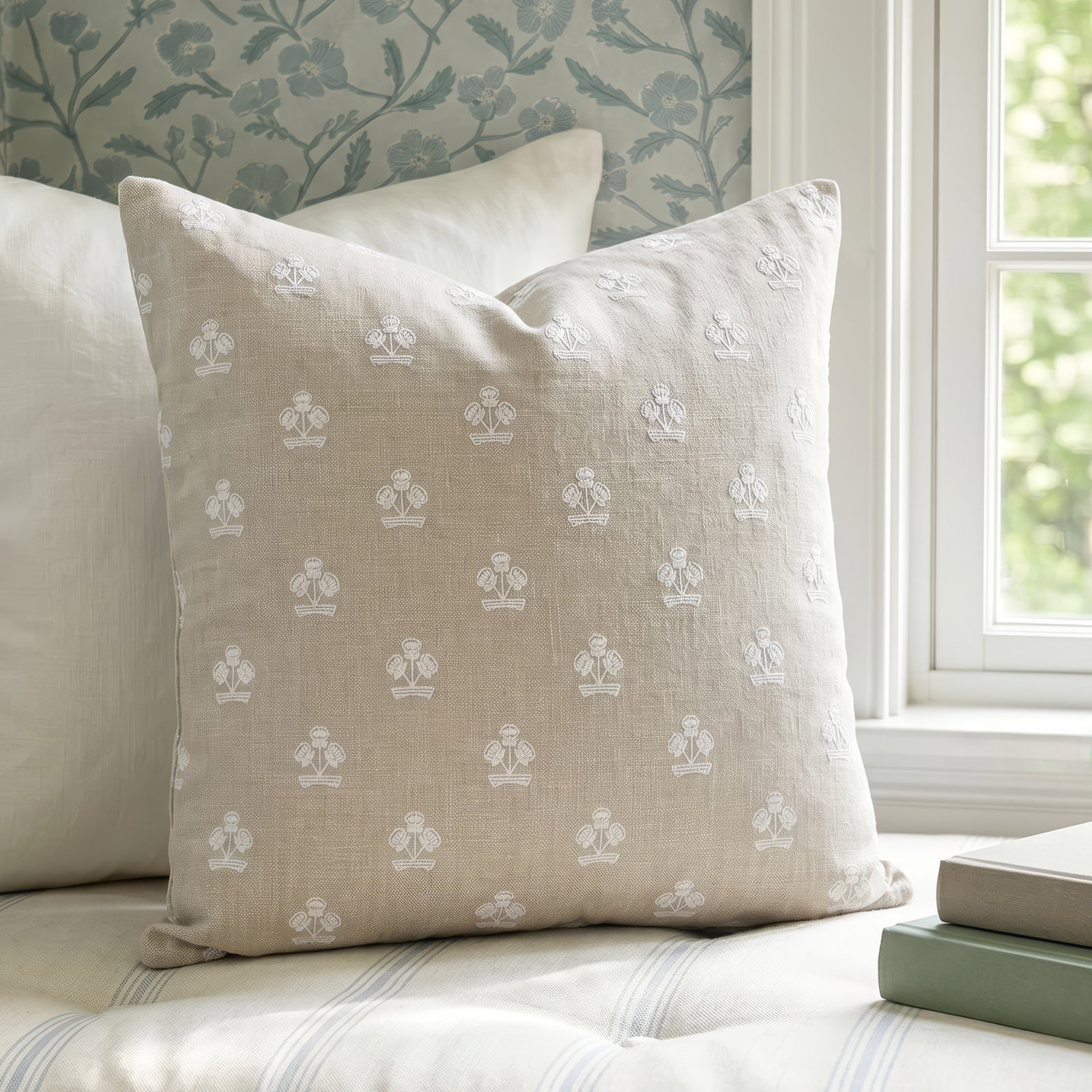 Hamachi Cotton Throw Pillow, Square 26", Polyester, Linen Beige Floral