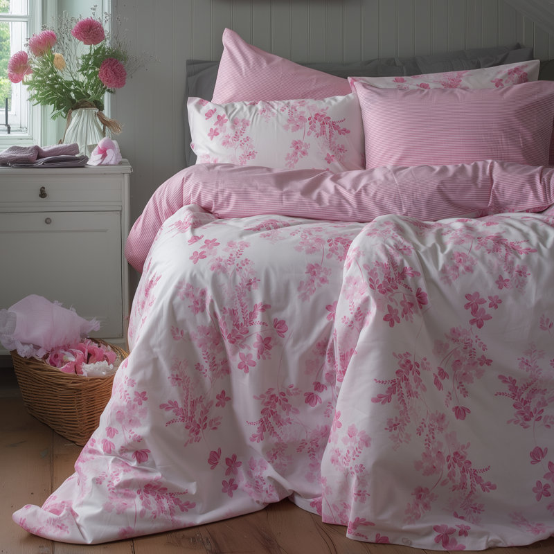 Stripes & Floral Reversible Cotton Duvet Cover Bedding Set by Leruum, King Duvet Cover + 2 Standard Pillowcases, Pink