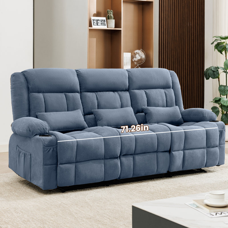 Canapé inclinable bleu de 84 pouces à 3 places avec deux fauteuils inclinables manuels et porte-gobelets
