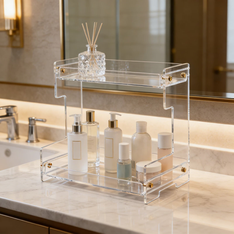 Organisateur de comptoir en acrylique, tablette de meuble-lavabo à 2 niveaux avec grande capacité, espace de rangement transparent pour les cosmétiques, l'évier, la commode et la cuisine