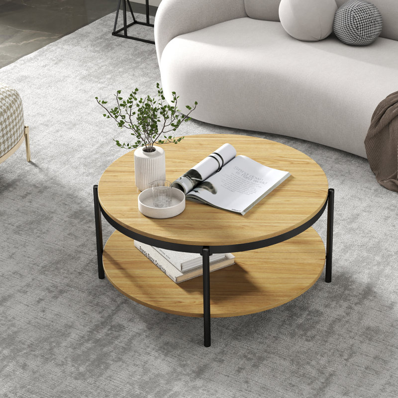 Sidney Round Coffee Table With 2-Tier Storage Shelves For Living Room, Oak