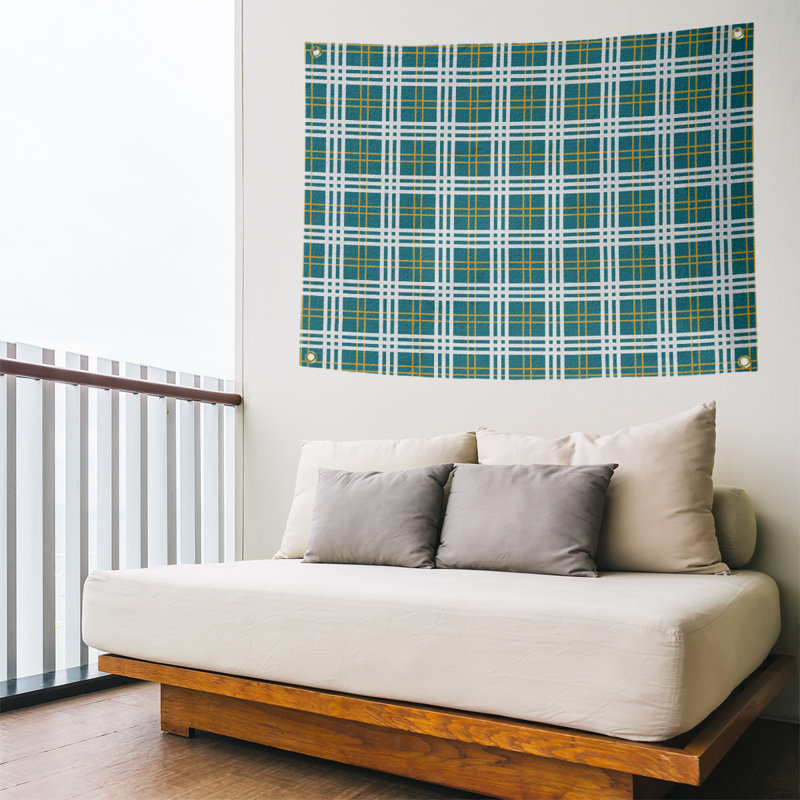 Polyester Tapestry, Teal/Gold/White, 59'' H x 80'' W