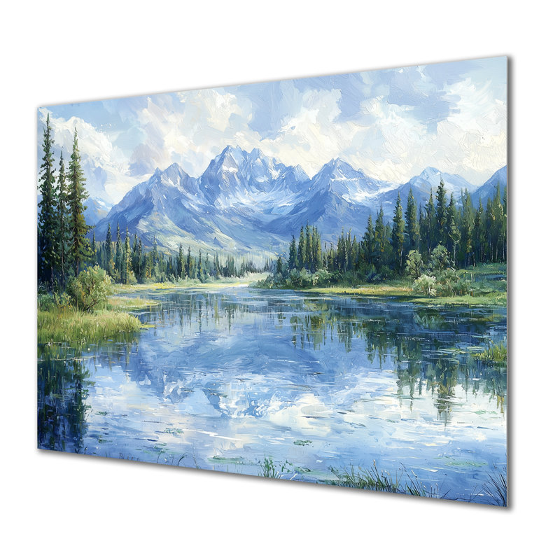 Mountain River Reflections In Rocky Mountains IV - montagnes, art mural en métal pour le salon, H 30 po x l 40 po