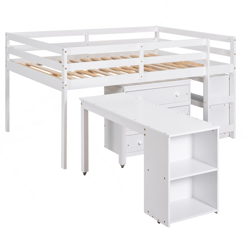 Lit mezzanine double bas avec cabinet, tablettes et bureau portatif à roulettes, lit multifonctionnel - blanc