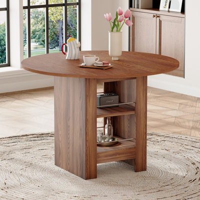 Table de salle à manger ronde en panneau de fibres à densité moyenne noyer avec rangement double couche, structure stable et tapis antidérapants pour cuisines et appartements américains