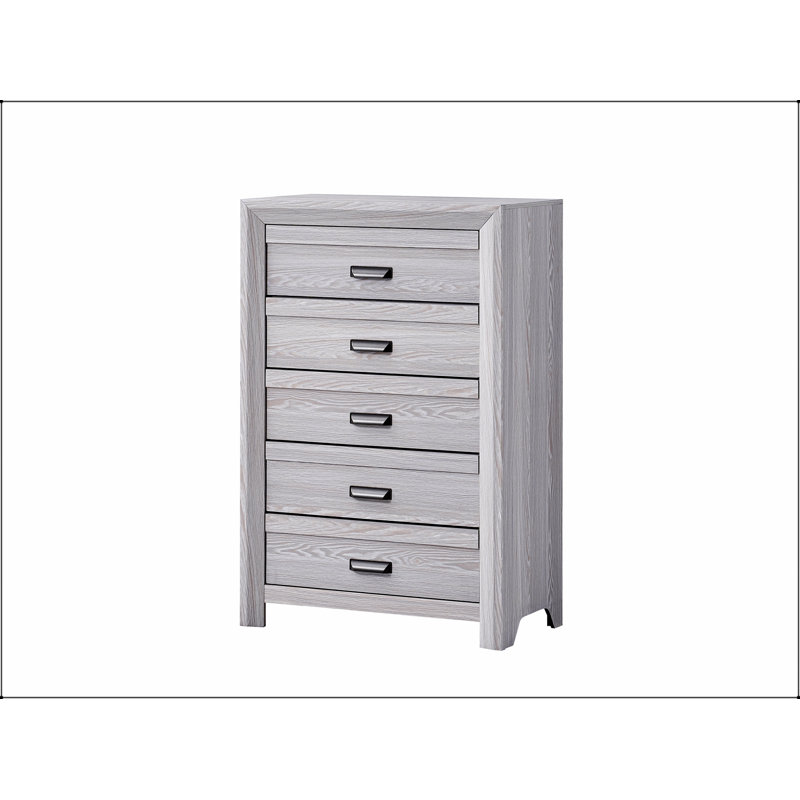 Commode contemporaine à cinq tiroirs avec finition en bois flotté gris, charme rustique et rangement spacieux pour les chambres modernes