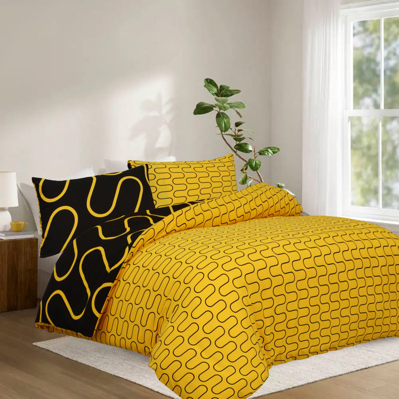 Dual Pattern Reversible Duvet Cover Set – Ultra Soft Brushed Microfiber Bedding with Matching Pillowcases, Ochre & Black Wave