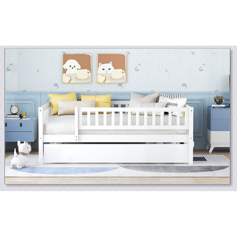 Lit de jour en bois avec couchette et barrière de sécurité, Complet/Double, Blanc