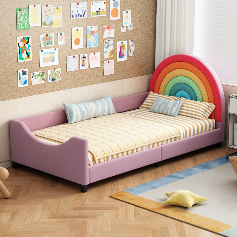 Upholstered Bed With Colorful Round Headboard, Twin Size