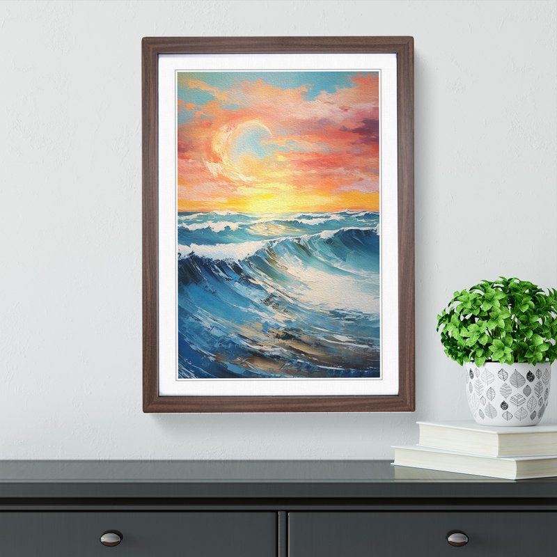 Seascape Tachisme - Single Picture Frame Print on Wood, 46cm H x 34cm W x 2cm D, Walnut Framed