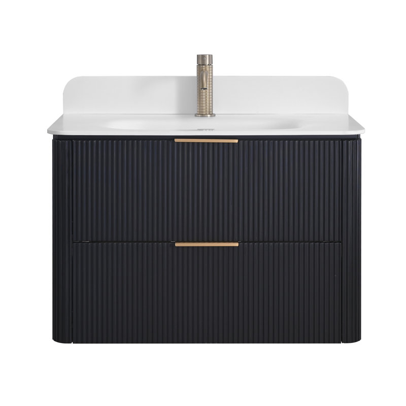 Meuble-lavabo cannelé en chêne noir de 30 po avec lavabo intégré et quincaillerie dorée