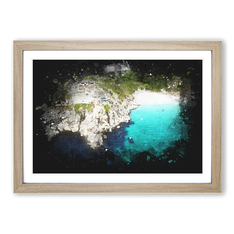 Porthcurno Beach in Cornwall - Picture Frame Graphic Art, 36cm H x 48cm W x 2cm D, Oak Framed