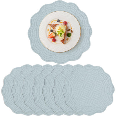 Quilted Placemats Set Of 6, 100% Cotton 14" Table Mats Farmhouse Style, Reversible Round Tabletop With Scalloped Edges(Water Blue, 6)