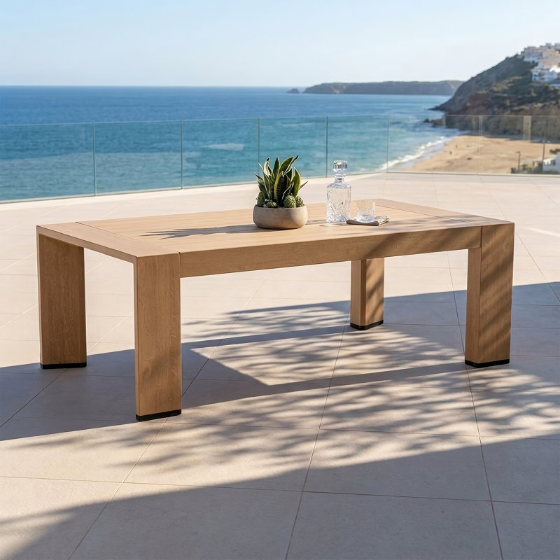 Table basse d'extérieur en aluminium à assemblage rapide, table basse en placage de grain de bois pour la terrasse, table basse tubulaire triangulaire en aluminium