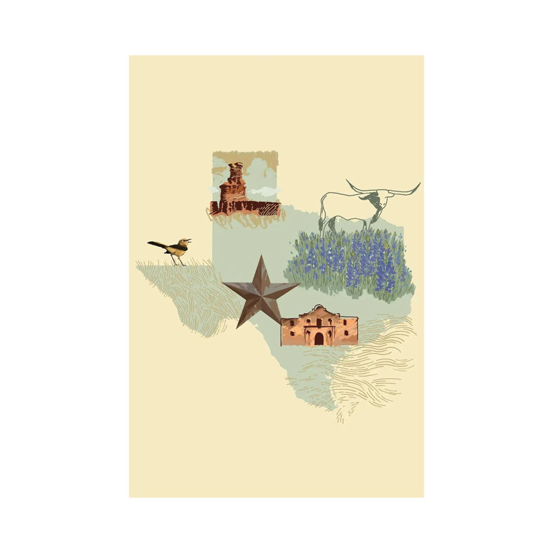 Illustrated State-Texas 1 Piece Wrapped Canvas Wall Art, 45.72cm H x 30.48cm W x 1.91cm D