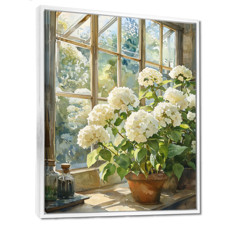 Hortensias à la ferme, serre I - hortensias, reproductions encadrées, H 40 po x l 30 po, Reproduction avec cadre flottant